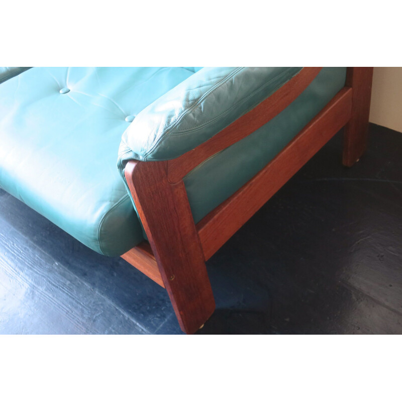 Vintage Niels Eilersen Sofa in Teak Plywood and Turquoise Leather 1970s