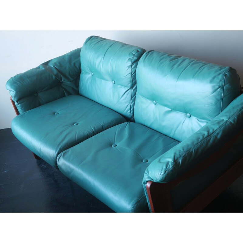 Canapé vintage Niels Eilersen en contreplaqué de teck et cuir turquoise 1970