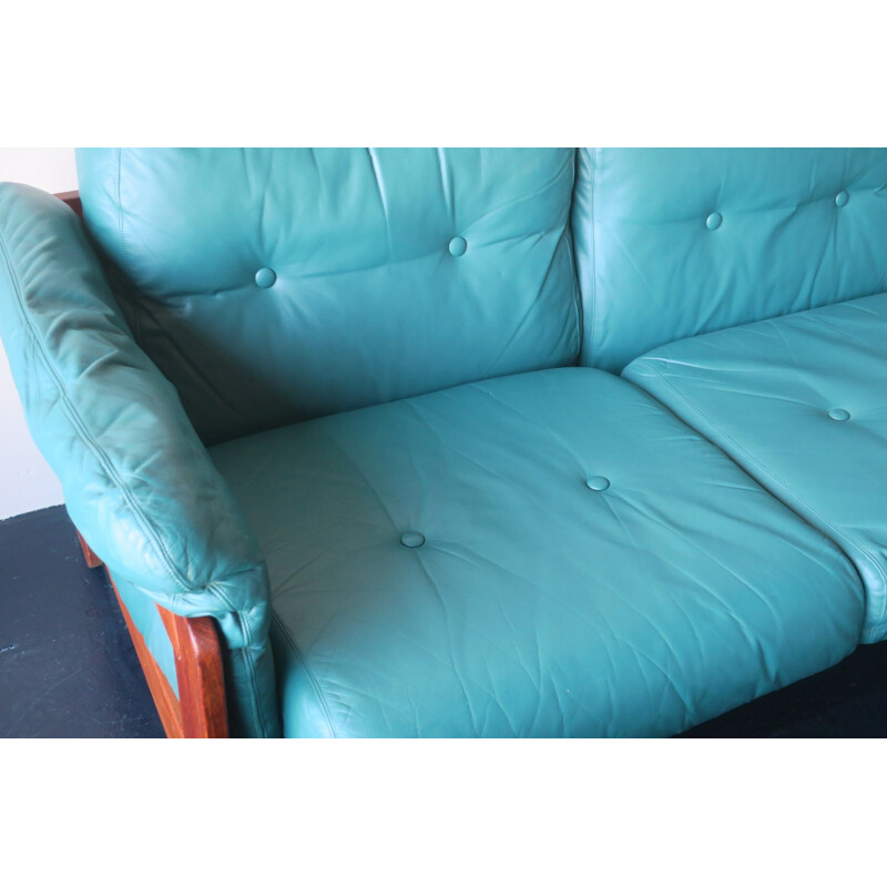 Vintage Niels Eilersen Sofa in Teak Plywood and Turquoise Leather 1970s
