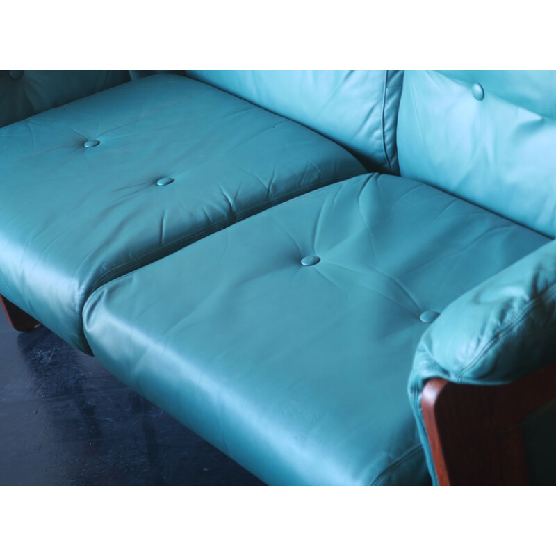 Vintage Niels Eilersen Sofa in Teak Plywood and Turquoise Leather 1970s