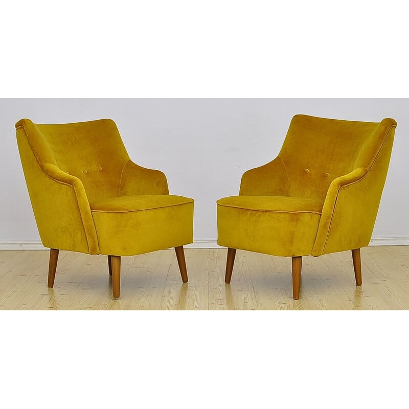 Pair of vintage cocktail armchairs in yellow velor 1960s