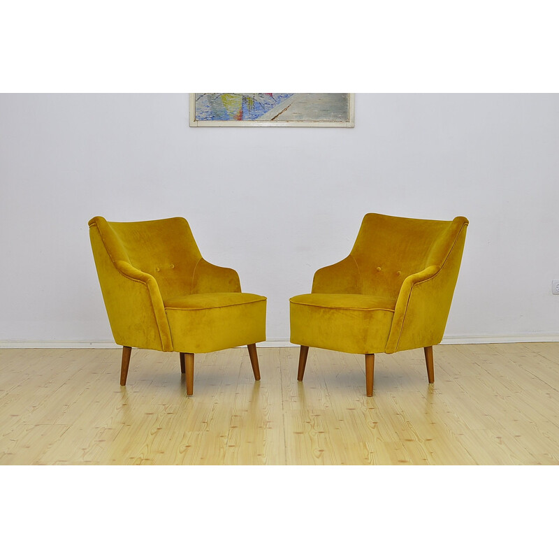 Pair of vintage cocktail armchairs in yellow velor 1960s