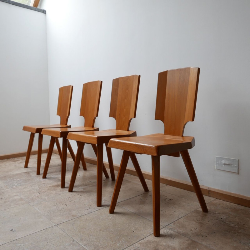Set of 4 vintage Dining Chairs S28 Elm by Pierre Chapo, French 1970s