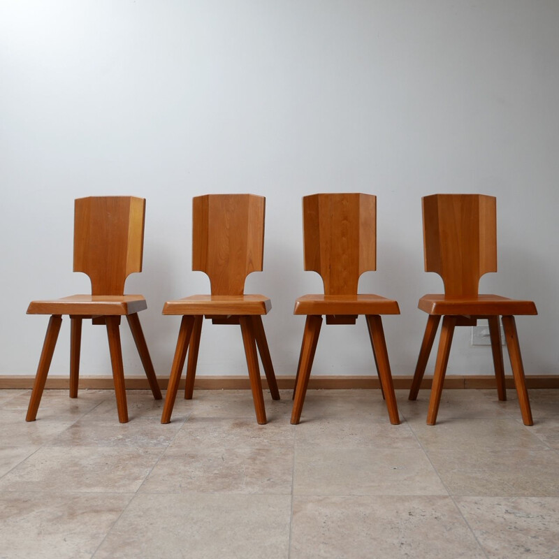 Set of 4 vintage Dining Chairs S28 Elm by Pierre Chapo, French 1970s