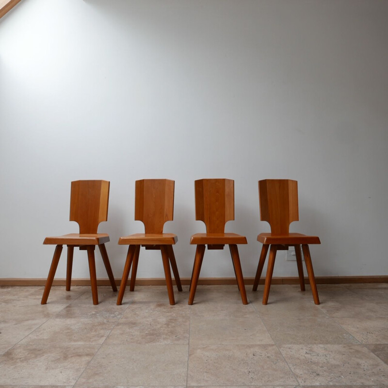 Set of 4 vintage Dining Chairs S28 Elm by Pierre Chapo, French 1970s