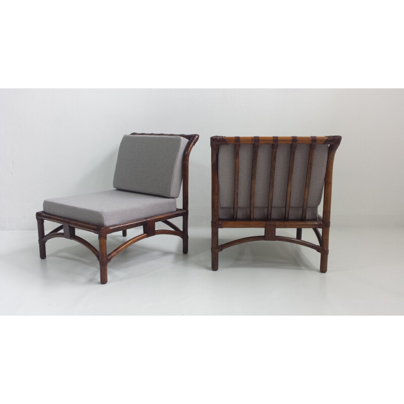 Pair of grey low chairs in bamboo and leather - 1960s