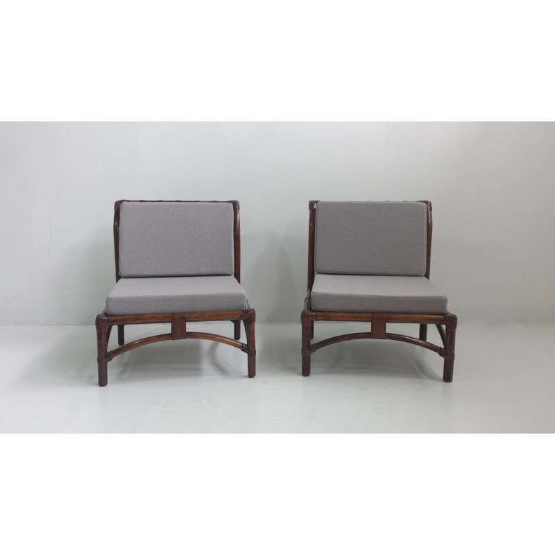 Pair of grey low chairs in bamboo and leather - 1960s