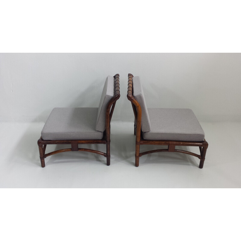 Pair of grey low chairs in bamboo and leather - 1960s