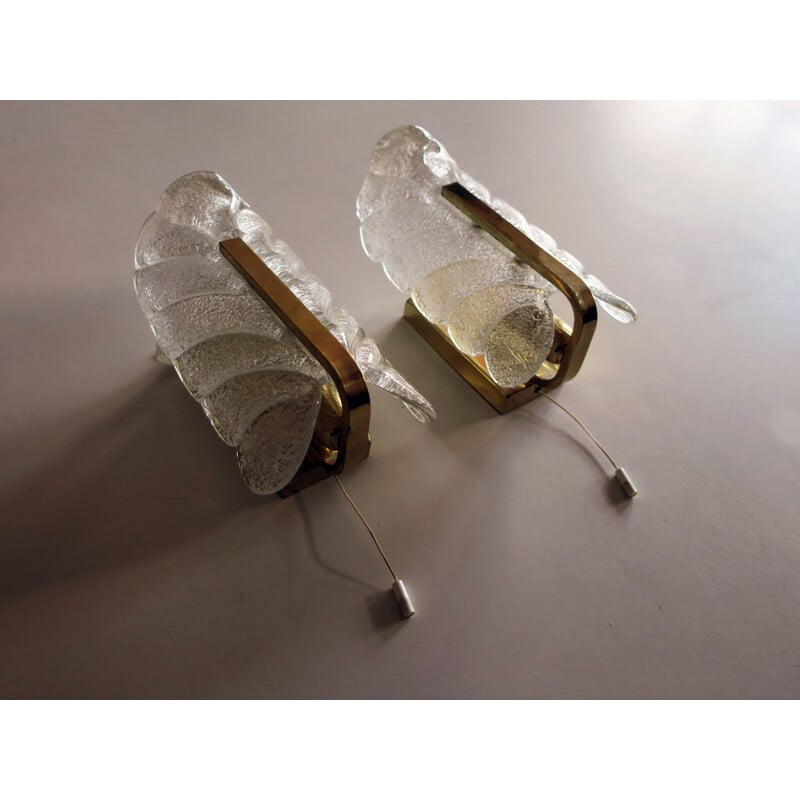 Pair of vintage Brass and Glass Wall Lights by Carl Fagerlund for Orrefors 1960s