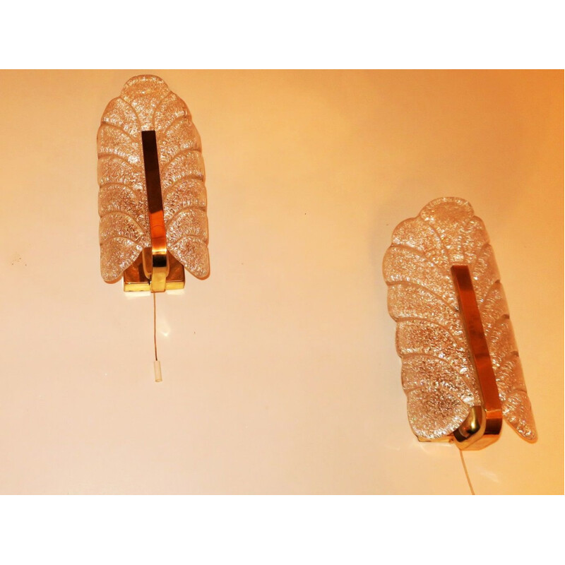 Pair of vintage Brass and Glass Wall Lights by Carl Fagerlund for Orrefors 1960s