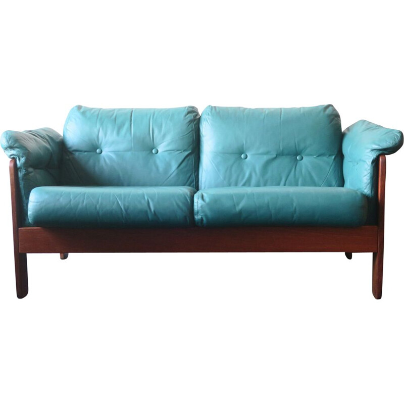 Vintage Niels Eilersen Sofa in Teak Plywood and Turquoise Leather 1970s