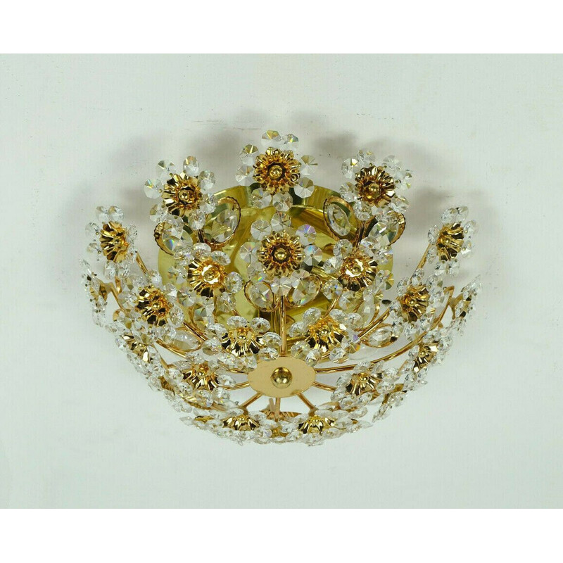 Vintage Palwa Ceiling fixture flush mount glass crystals and gilt brass 1970s