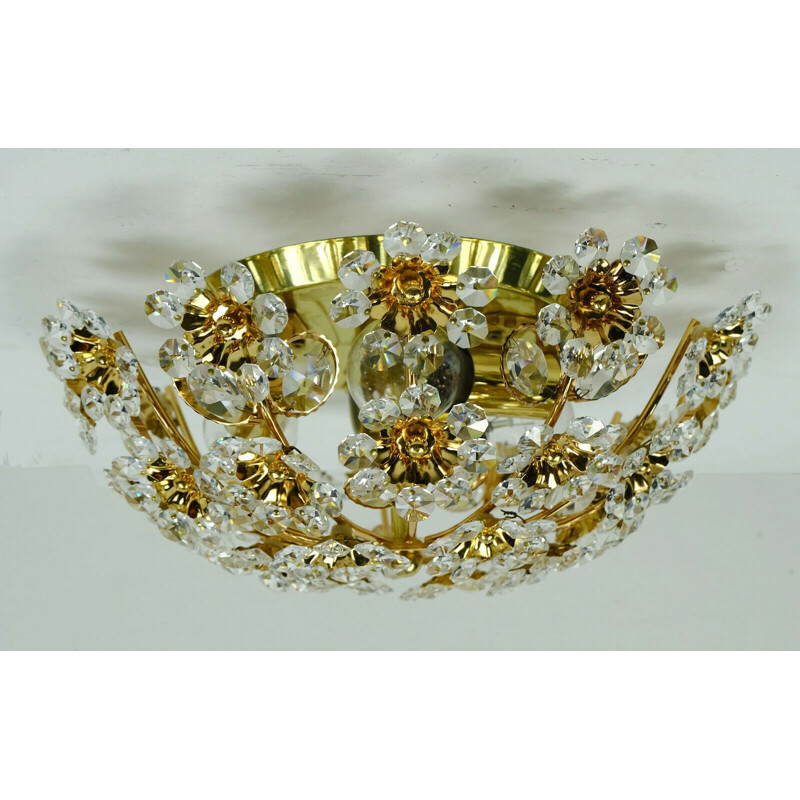 Vintage Palwa Ceiling fixture flush mount glass crystals and gilt brass 1970s