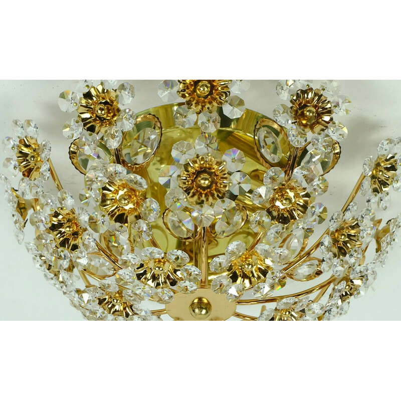 Vintage Palwa Ceiling fixture flush mount glass crystals and gilt brass 1970s
