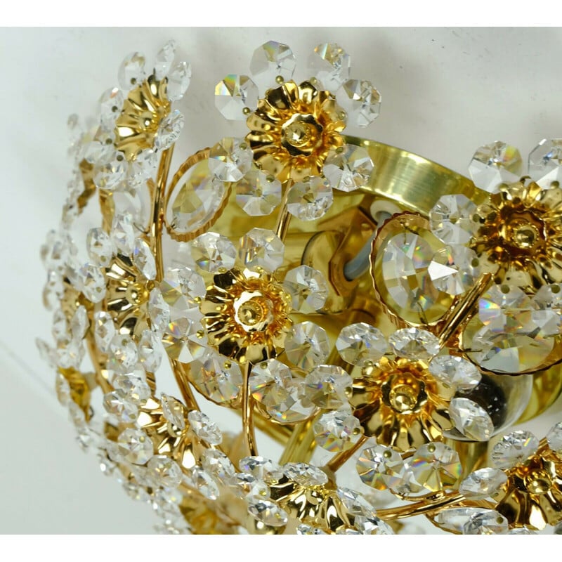 Vintage Palwa Ceiling fixture flush mount glass crystals and gilt brass 1970s