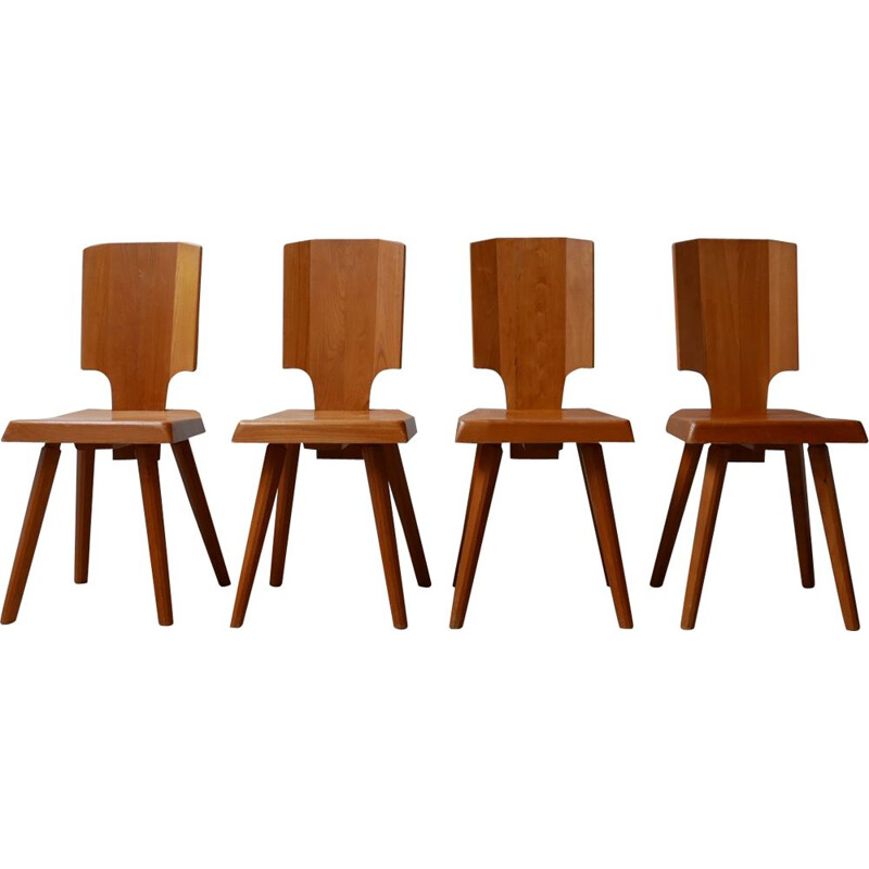 Set of 4 vintage Dining Chairs S28 Elm by Pierre Chapo, French 1970s