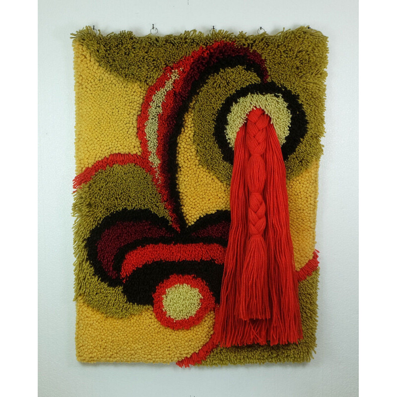 Mid-century wall rug in green and red wool - 1970s
