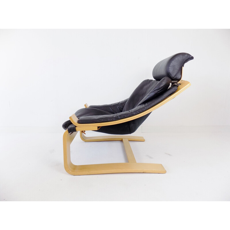 Vintage Nelo Kroken black leather lounge chair by Ake Fribytter 1970s