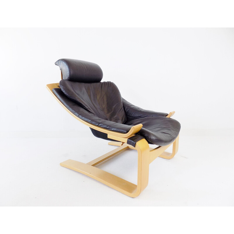 Vintage Nelo Kroken black leather lounge chair by Ake Fribytter 1970s