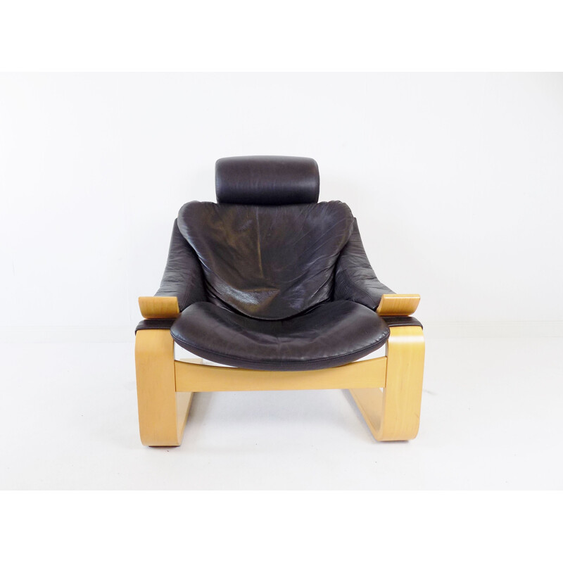 Vintage Nelo Kroken black leather lounge chair by Ake Fribytter 1970s
