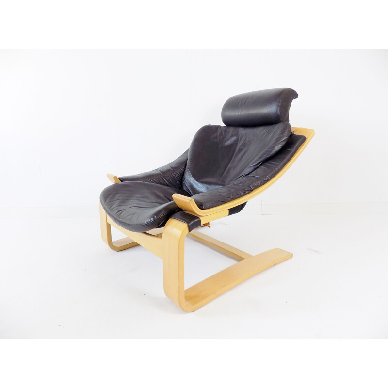 Vintage Nelo Kroken black leather lounge chair by Ake Fribytter 1970s