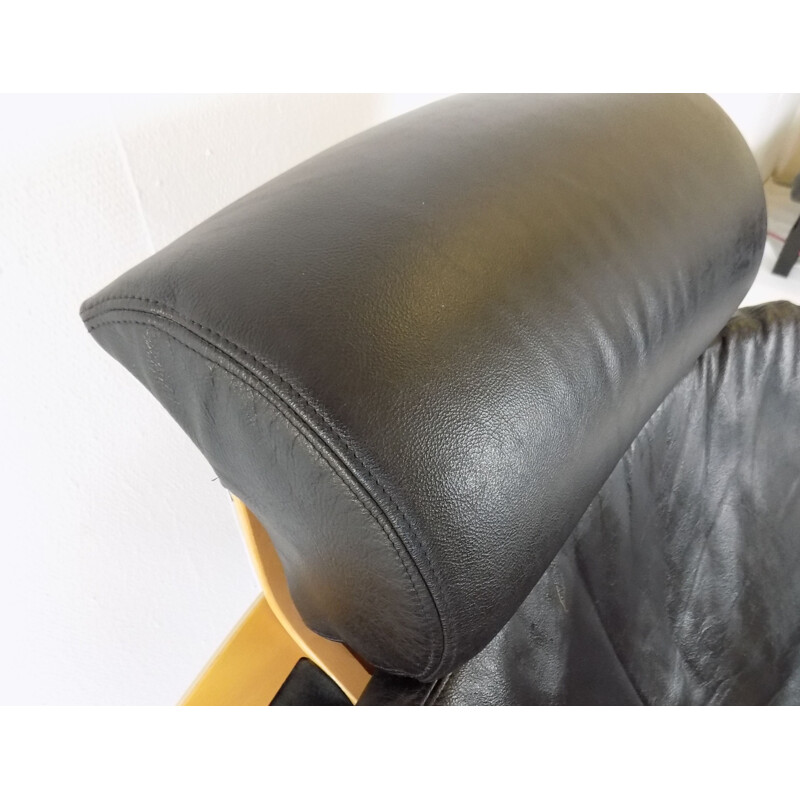 Vintage Nelo Kroken black leather lounge chair by Ake Fribytter 1970s