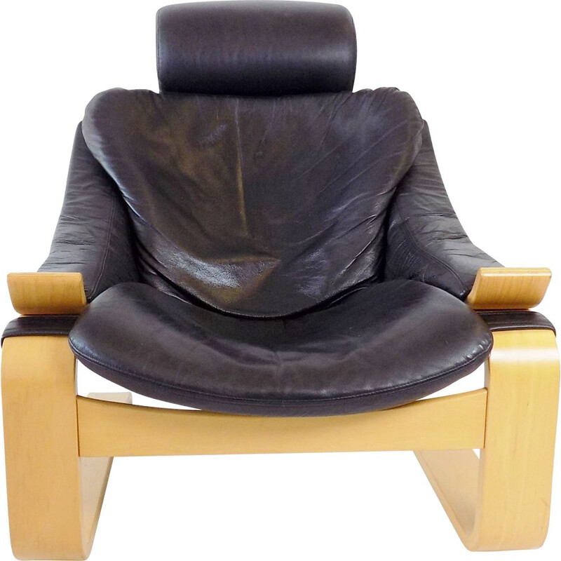 Vintage Nelo Kroken black leather lounge chair by Ake Fribytter 1970s