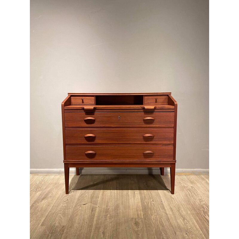 Commode vintage avec des tiroirs de bureau plaqués et un dessus rétractable