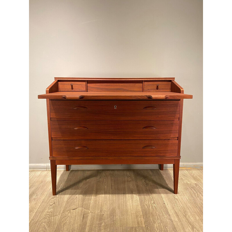 Commode vintage avec des tiroirs de bureau plaqués et un dessus rétractable