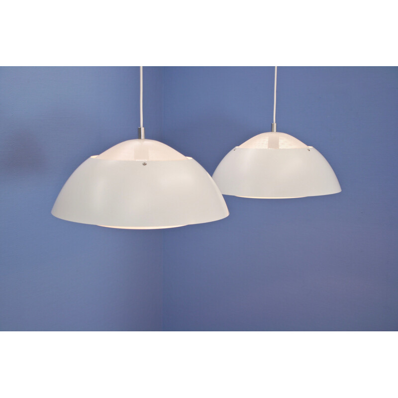 Pair of vintage pendants 'Safari' in white with orange accent by Christian Hvidt for Nordisk Solar danish 1970s