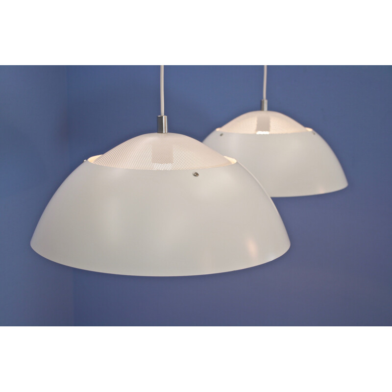 Pair of vintage pendants 'Safari' in white with orange accent by Christian Hvidt for Nordisk Solar danish 1970s