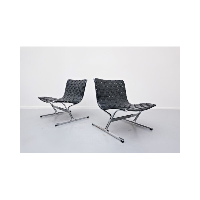 Pair Of vintage lounge Chairs By Ross Littell For ICF, Italian 1970s