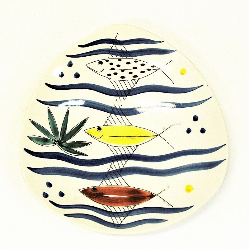 Plat vintage en céramique avec motifs de poissons par Inger Waage pour Stavangerflint, Norvège 1950