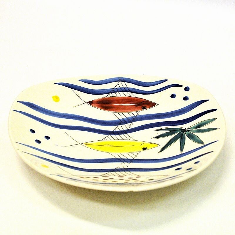 Plat vintage en céramique avec motifs de poissons par Inger Waage pour Stavangerflint, Norvège 1950