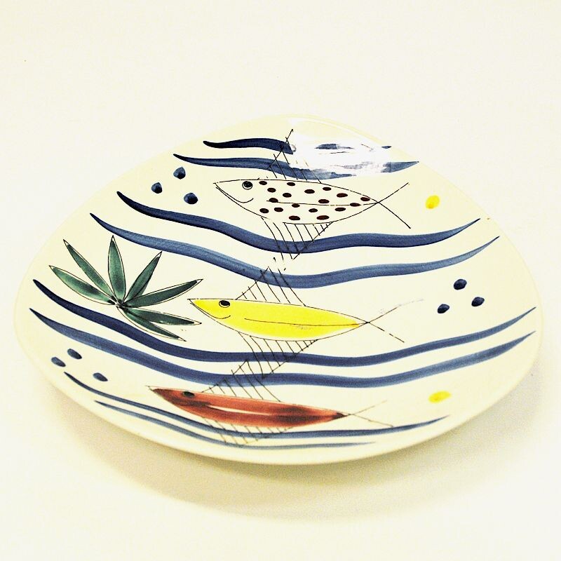 Vintage ceramic dish with fish motifs by Inger Waage for Stavangerflint, Norway 1950