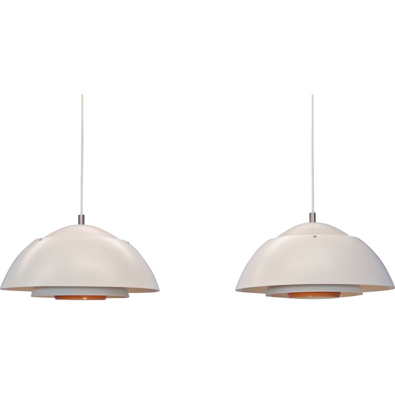 Pair of vintage pendants 'Safari' in white with orange accent by Christian Hvidt for Nordisk Solar danish 1970s