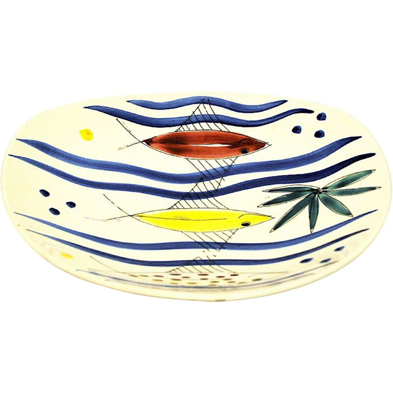 Vintage ceramic dish with fish motifs by Inger Waage for Stavangerflint, Norway 1950