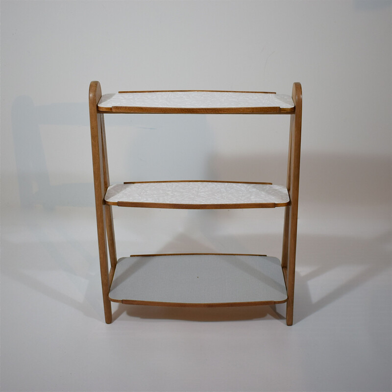 Etagère vintage d'appoint avec étagère triple en bois de hêtre et formica, 1950