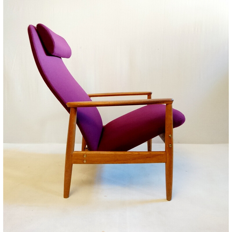 Scandinavian oak and purple fabric armchair, Alf SVENSSON - 1960s