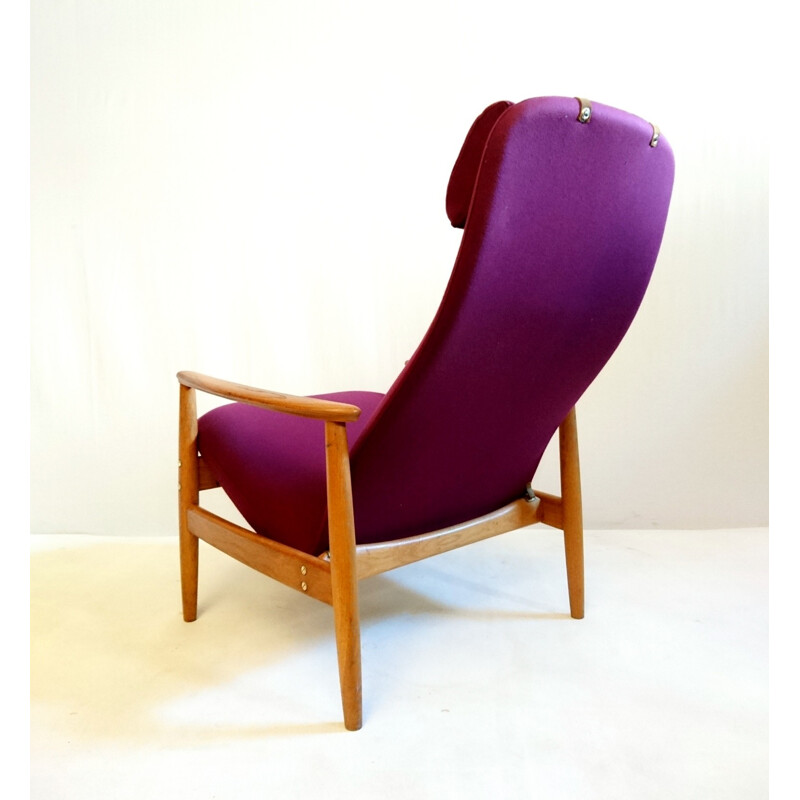 Scandinavian oak and purple fabric armchair, Alf SVENSSON - 1960s