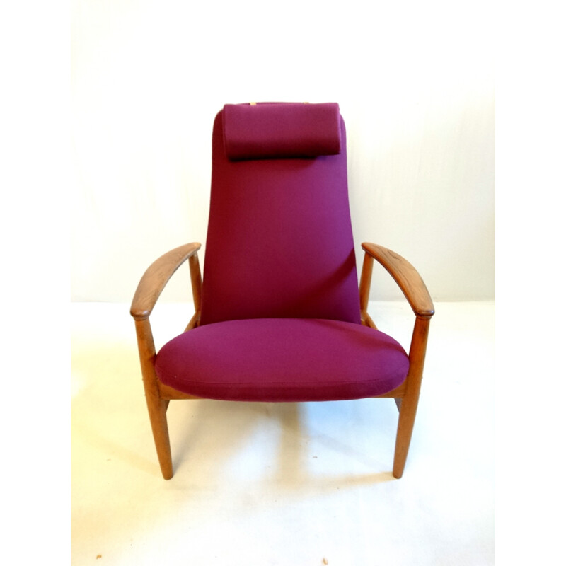 Scandinavian oak and purple fabric armchair, Alf SVENSSON - 1960s