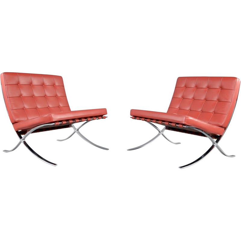 Pair of vintage Barcelona armchairs in red leather by Mies Van Der Rohe for Knoll, Bauhaus 1929