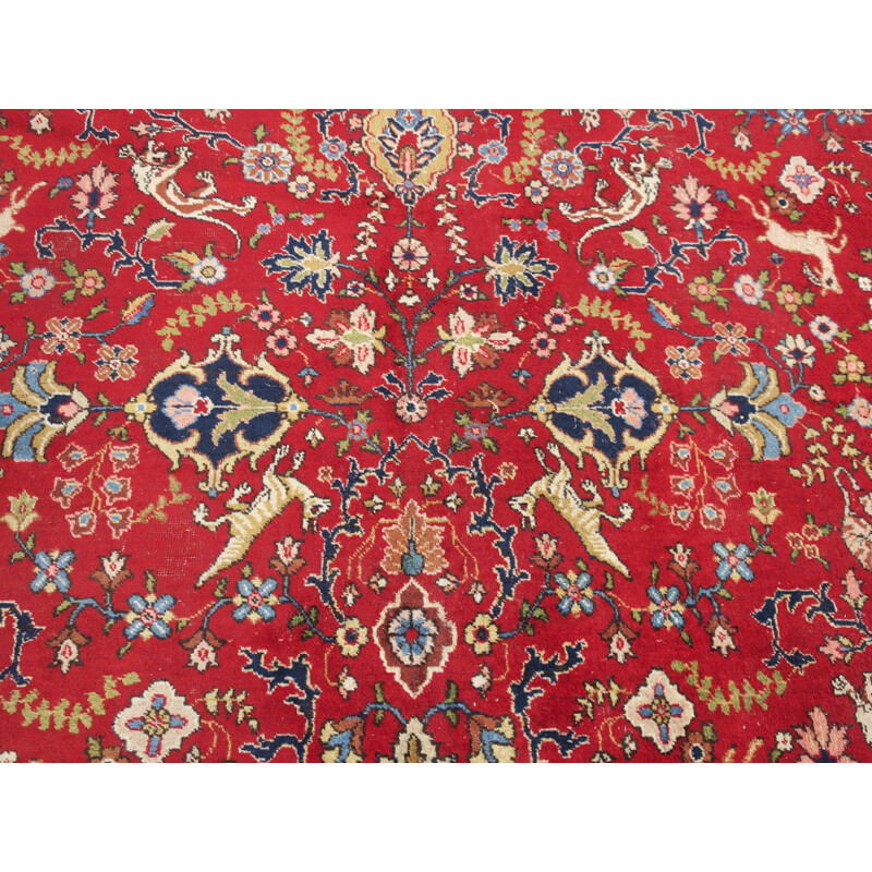Large vintage Hand Knotted Carpet Allover Design with Wild Animals 1940s