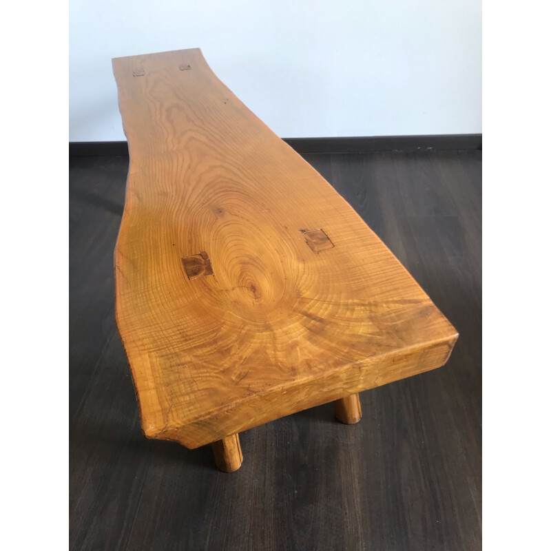 Vintage bench in solid elm, Brutalist 1960s