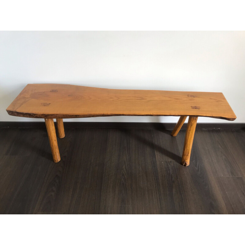 Vintage bench in solid elm, Brutalist 1960s