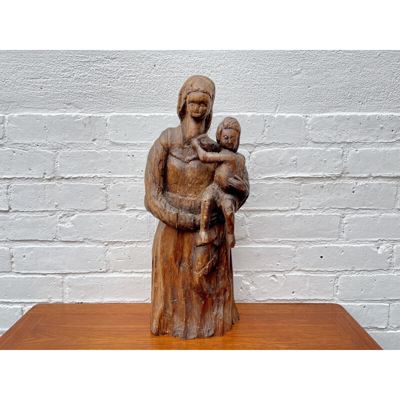 Vintage Naive Wood Carving of Woman and Child Sculpture