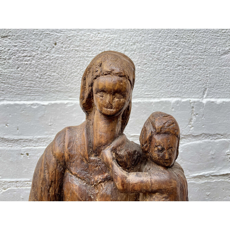 Vintage Naive Wood Carving of Woman and Child Sculpture