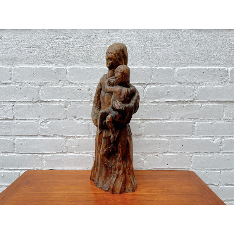 Vintage Naive Wood Carving of Woman and Child Sculpture