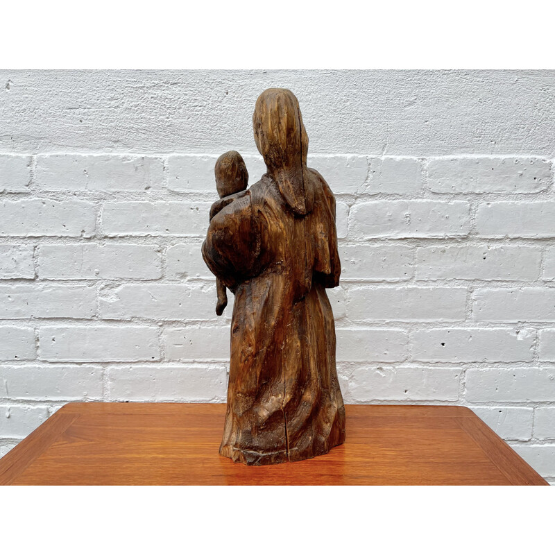 Vintage Naive Wood Carving of Woman and Child Sculpture