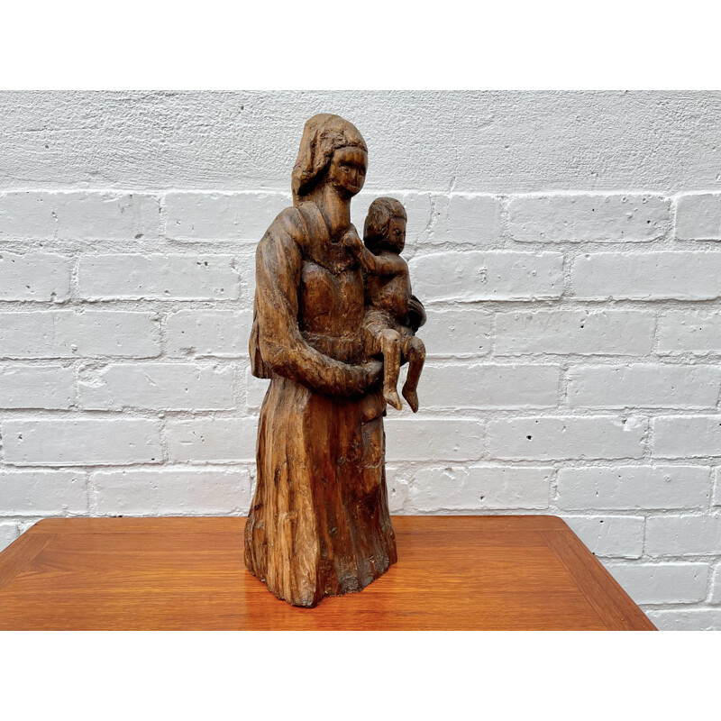 Vintage Naive Wood Carving of Woman and Child Sculpture